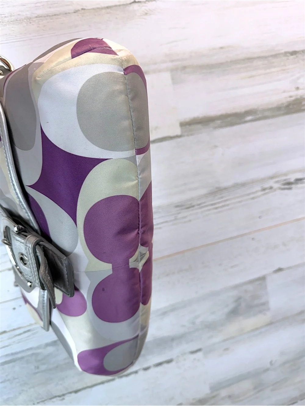 Coach Soho Purple Gray Op Art Satin Shoulder Bag Silver Buckle Hobo Purse
